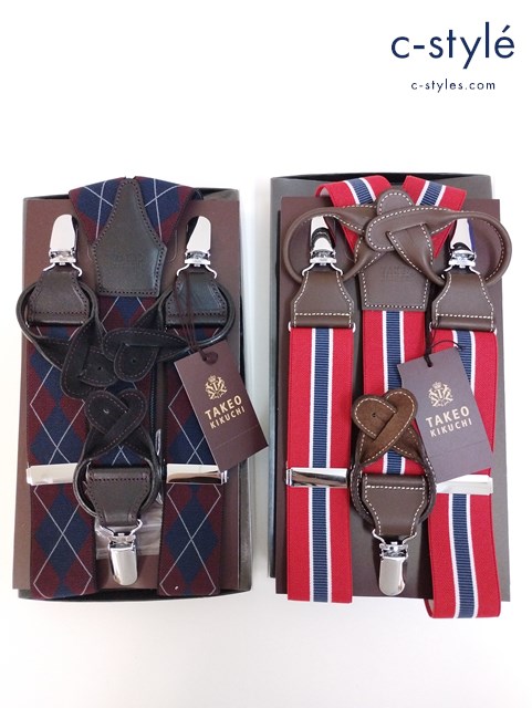 TAKEO KIKUCHI タケオキクチ サスペンダー ワイン レッド チェック ストライプ