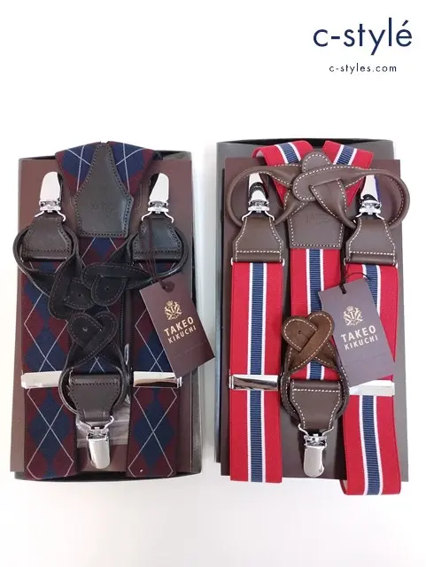 TAKEO KIKUCHI タケオキクチ サスペンダー ワイン レッド チェック ストライプ