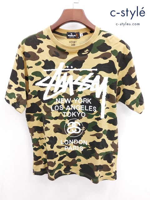 A BATHING APE×STUSSY ワールドツアーTシャツ M マルチカラー 半袖 30周年記念猿迷彩