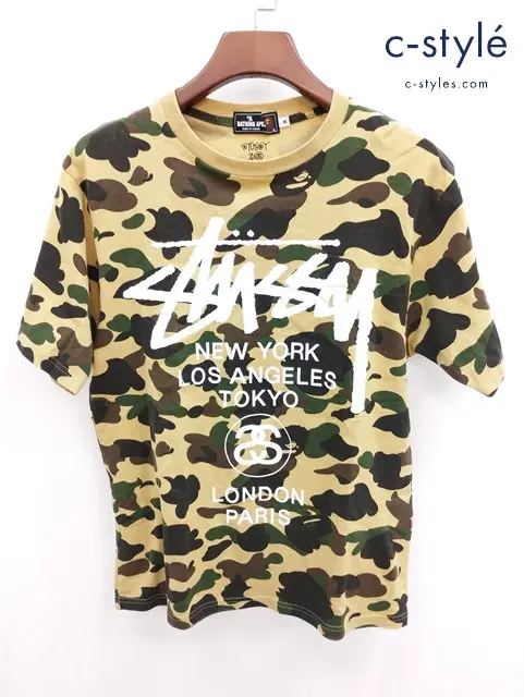 A BATHING APE×STUSSY ワールドツアーTシャツ M マルチカラー 半袖 30周年記念猿迷彩