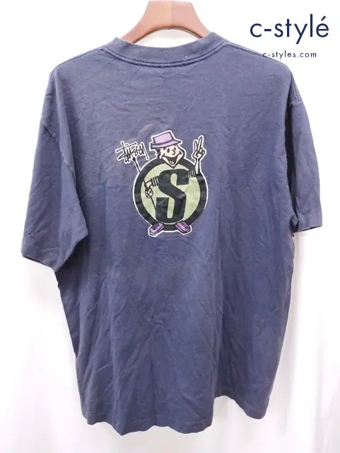 STUSSY ステューシー 80ｓ 半袖Tシャツ XL ネイビー系 Sロゴ ハット ピース プリントT 黒タグ