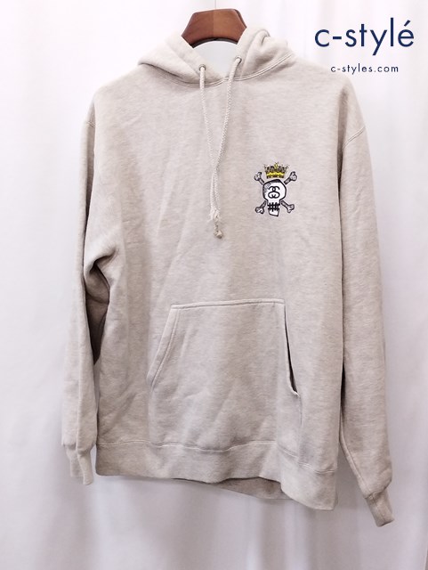 STUSSY パーカー フーディ L グレージュ スカル プリント 黒タグ Shawn Stussy ショーン・ステューシー