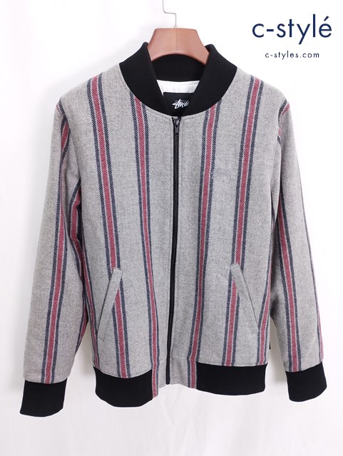 STUSSY ステューシー ウールストライプボンバージャケット M グレー系