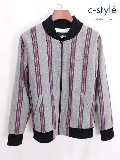 STUSSY ステューシー ウールストライプボンバージャケット M グレー系