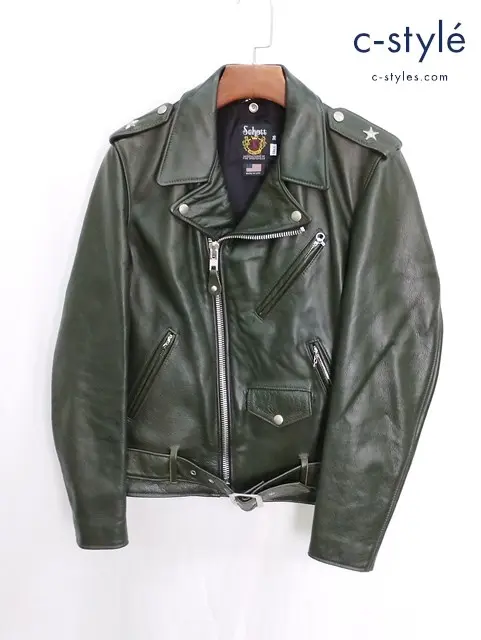 Schott ショット ダブルライダースジャケット 36 グリーン系 7641 牛革