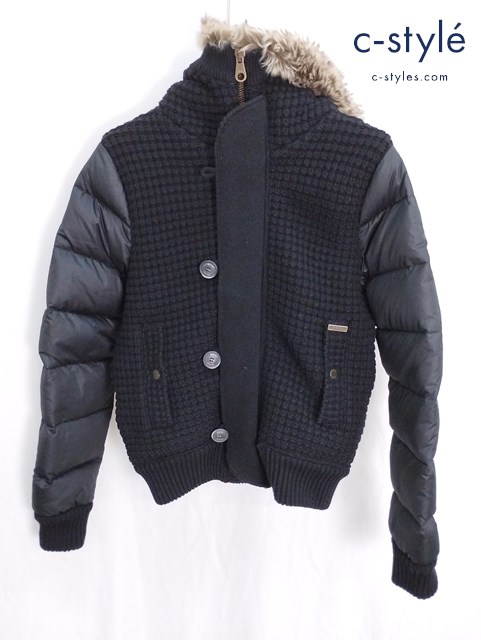 Bark バーク ニット切替ダウンジャケット S ブラック ファー付き ジップアップ フード