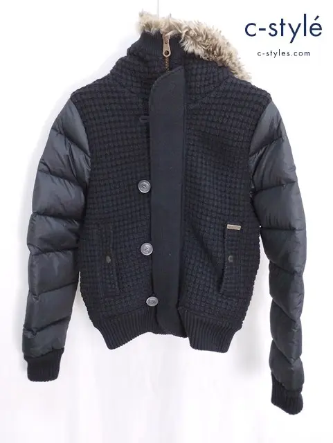 Bark バーク ニット切替ダウンジャケット S ブラック ファー付き ジップアップ フード