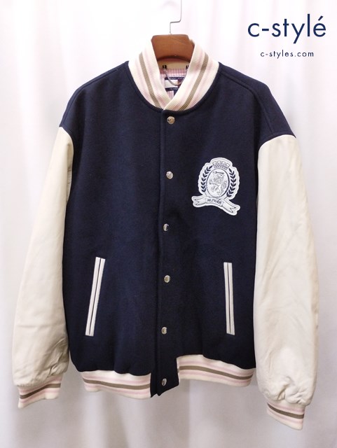 TOMMY HILFIGER 袖レザージャケット XL ネイビー×ホワイト THE VARSITY JACKET MW0MW24858