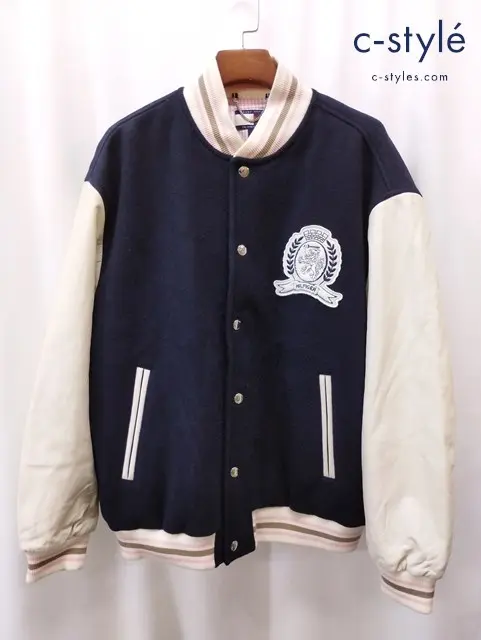TOMMY HILFIGER 袖レザージャケット XL ネイビー×ホワイト THE VARSITY JACKET MW0MW24858
