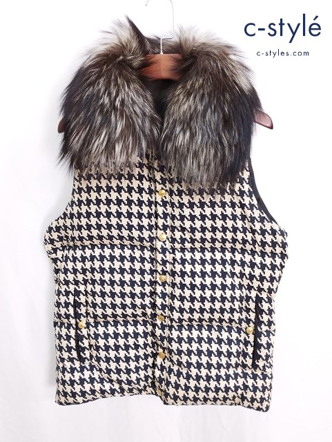 DRESS CAMP×DUVETICA ドレスキャンプ×デュベティカ ベスト 46 ベージュ×ブラック 格子柄 ファー付き