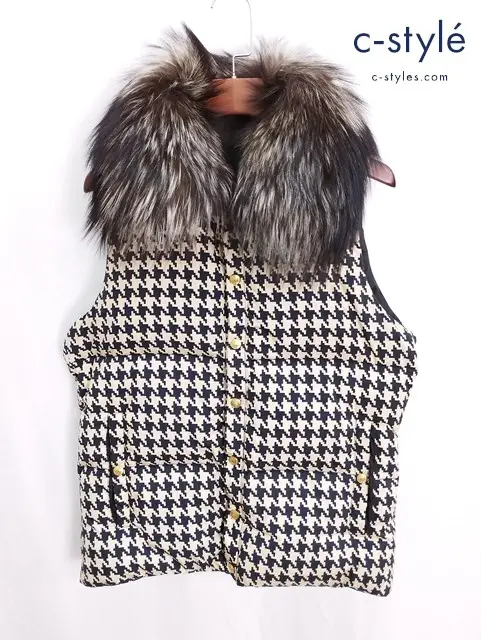 DRESS CAMP×DUVETICA ドレスキャンプ×デュベティカ ベスト 46 ベージュ×ブラック 格子柄 ファー付き