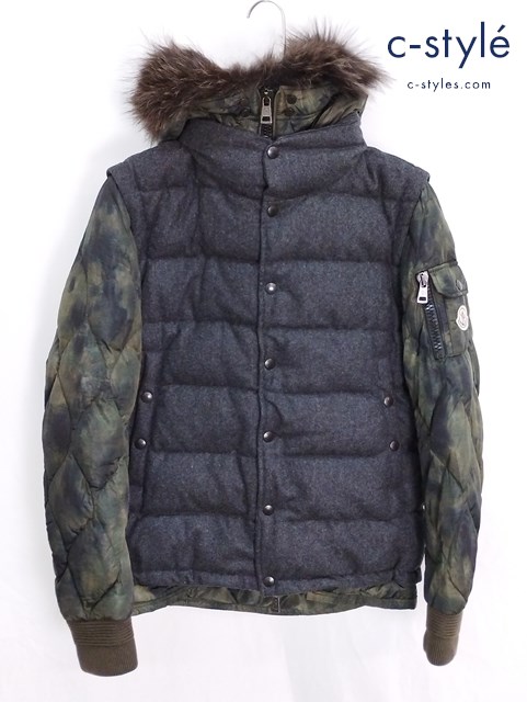 MONCLER モンクレール ダウンジャケット 1 グレー×グリーン RODENBERG ファー付き カモ柄