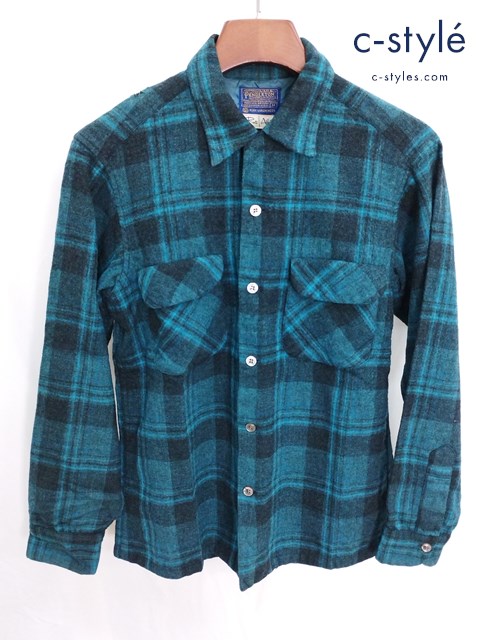 PENDLETON ペンドルトン オープンカラーシャツ M エメラルドブルー×ブラック Roos Atkins チェック