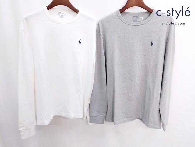 POLO RALPH LAUREN 長袖Tシャツ M ホワイト グレー Classic Fit Long Sleeve Tee ポニー刺繍