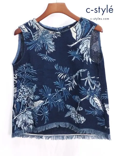 45R フォーティファイブアール ノースリーブ ブラウス 2 インディゴ カットソー フリンジ 総柄