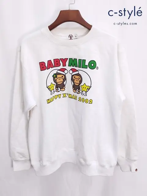 A BATHING APE アベイシングエイプ スウェット L 白 BABY MILO HAPPY X’MAS 2002 トレーナー