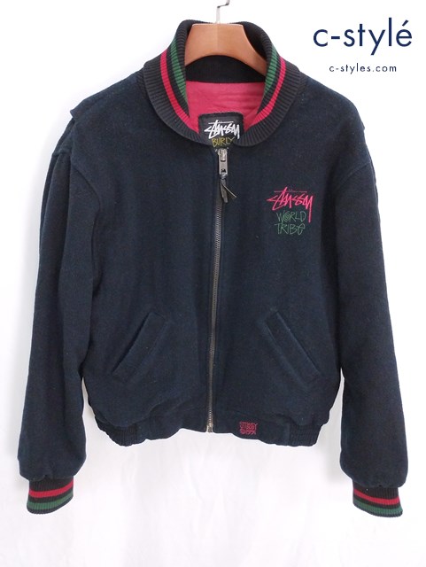 STUSSY ステューシー 90ｓ OLD スタジアムジャケット L ブラック 1991 WORLD TRIBE ブルゾン