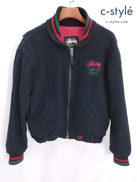 STUSSY ステューシー 90ｓ OLD スタジアムジャケット L ブラック 1991 WORLD TRIBE ブルゾン