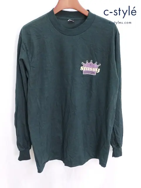 STUSSY ステューシー 80ｓ L/S 長袖Tシャツ L グリーン系 黒タグ後期 プリント クルーネック
