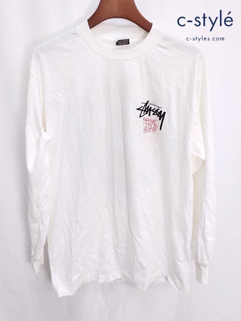 STUSSY ステューシー Tシャツ 長袖 L ホワイト FEELIN IRIE プリント 黒タグ OLD クルーネック
