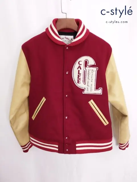 CALEE キャリー 袖レザースタジャン L レッド スタジアムジャンパー