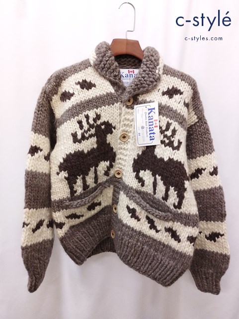 KANATA カナタ カウチンニット セーター 44 白系×茶系 カナダ製