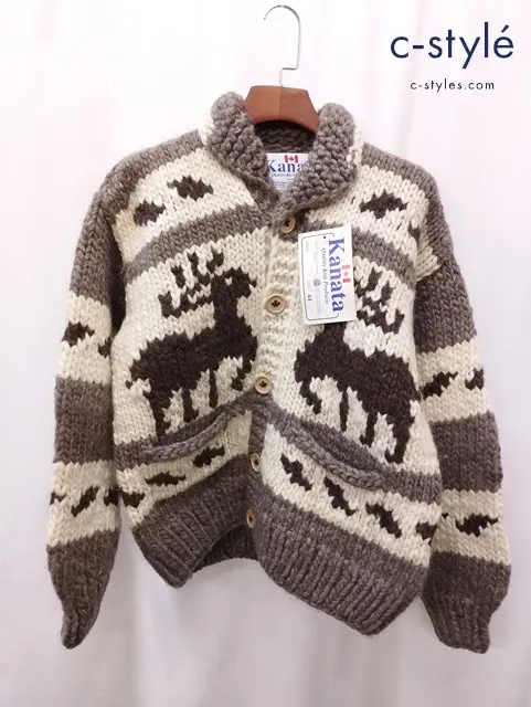 KANATA カナタ カウチンニット セーター 44 白系×茶系 カナダ製