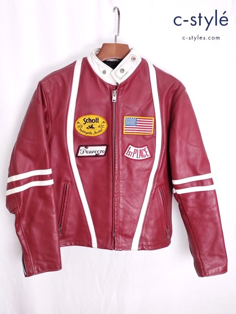 Schott ショット シングルライダースレザージャケット 38 レッド×ホワイト