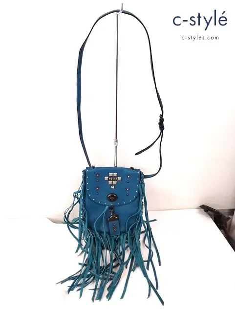 COACH コーチ フリンジ付きサドルバッグ ピラミッドスタッズ付き グリーン系 ポシェット レディース