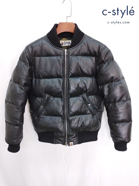 A BATHING APE アベイシングエイプ レザーダウンジャケット S ブラック 001HJ9801019 裏地カモ柄