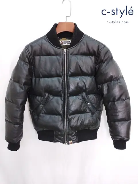 A BATHING APE アベイシングエイプ レザーダウンジャケット S ブラック 001HJ9801019 裏地カモ柄
