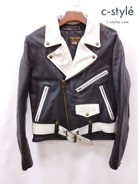 VANSON バンソン ダブルライダースレザージャケット 38 ブラック×ホワイト