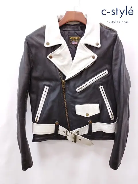 VANSON バンソン ダブルライダースレザージャケット 38 ブラック×ホワイト