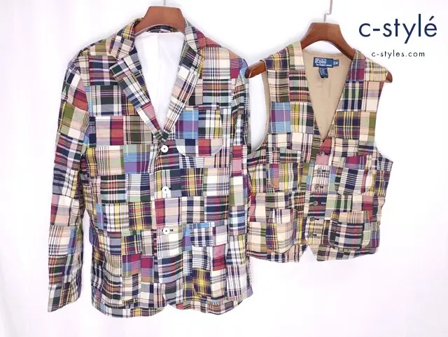 POLO RALPH LAUREN ポロラルフローレン 3Bジャケット ジレ S M マルチカラー パッチワークマドラスチェック