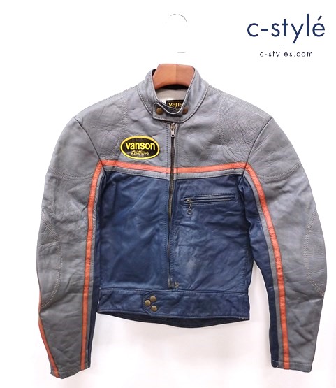 VANSON バンソン シングルライダースレザージャケット グレー×ネイビー