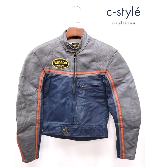 VANSON バンソン シングルライダースレザージャケット グレー×ネイビー