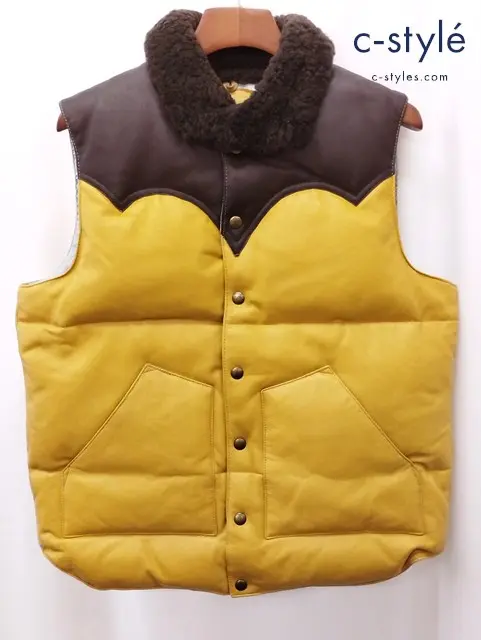 WAREHOUSE ウェアハウス レザーダウンベスト L イエロー×ブラウン DUBBLE WORKS