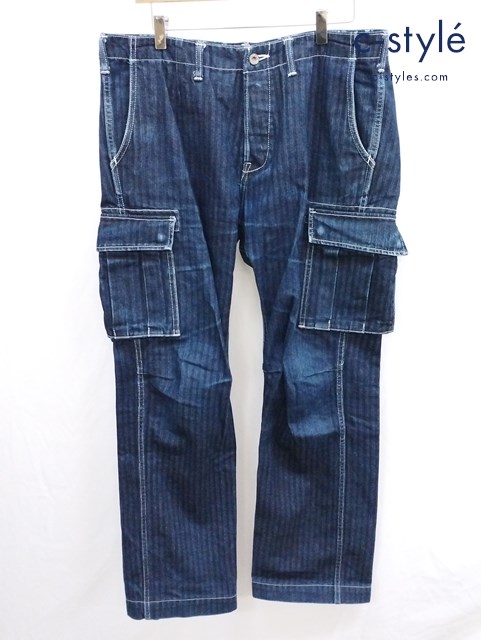 桃太郎ジーンズ 01-037 GTB ヘリンボーンデニム カーゴパンツ W36 インディゴ 日本製