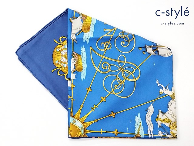 HERMES エルメス スカーフ ブルー系 カレ90 光の帆船 シルク100% レディース