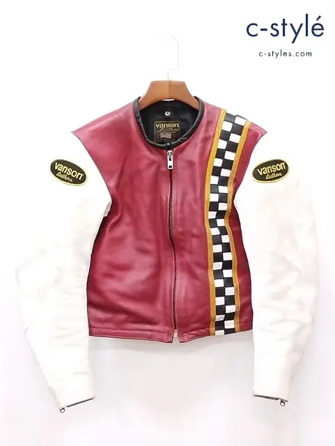 VANSON バンソン シングルライダースレザージャケット 38 レッド×ホワイト