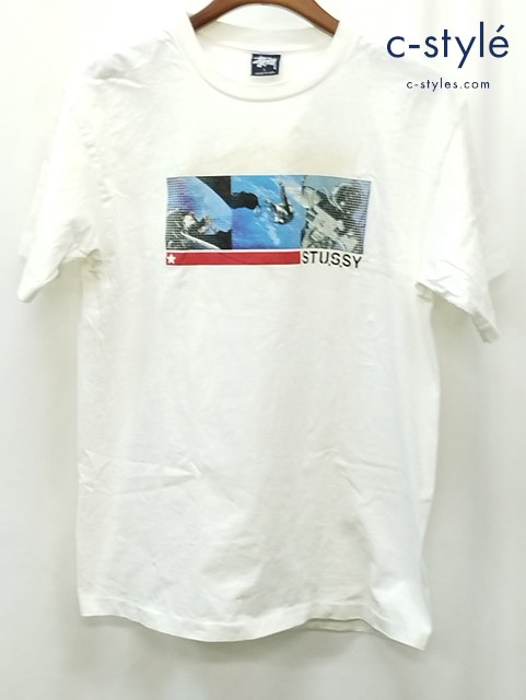 STUSSY ステューシー 90ｓ 中期 Tシャツ 半袖 L ホワイト 紺タグ 宇宙 プリント COTTON100％