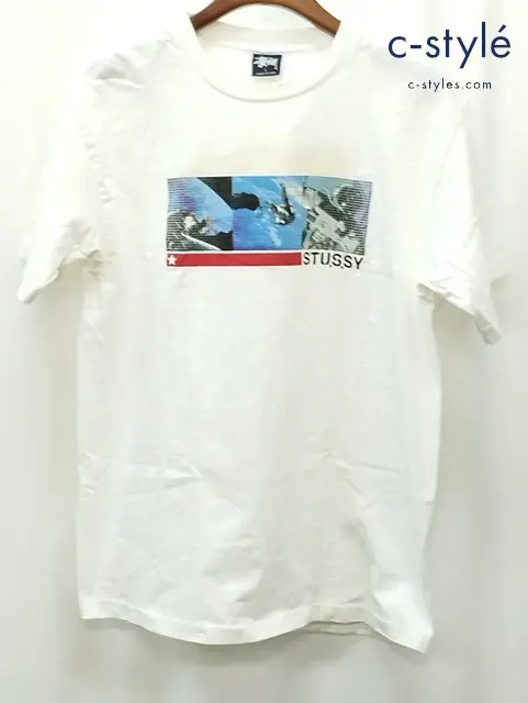 STUSSY ステューシー 90ｓ 中期 Tシャツ 半袖 L ホワイト 紺タグ 宇宙 プリント COTTON100％
