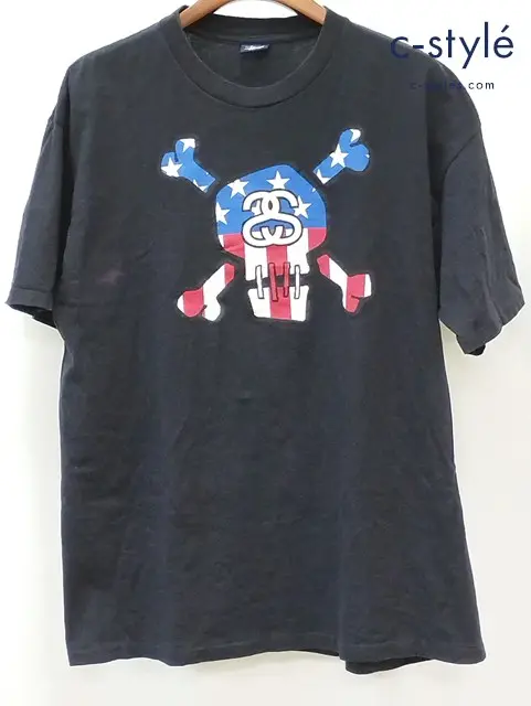 STUSSY ステューシー 90s 中期 Tシャツ 半袖 XL ブラック 紺タグ スカルロゴ プリント COTTON100％
