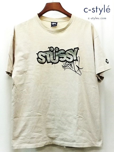 STUSSY ステューシー 90s 中期 Tシャツ 半袖 XL アイボリー系 紺タグ SLICKデザイン COTTON100％