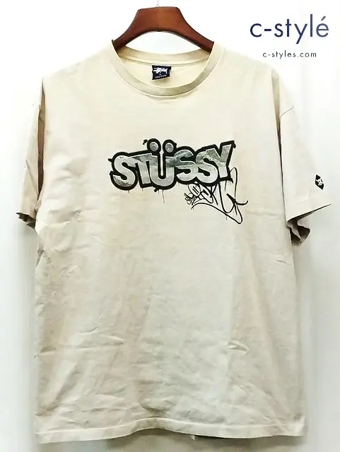 STUSSY ステューシー 90s 中期 Tシャツ 半袖 XL アイボリー系 紺タグ SLICKデザイン COTTON100％
