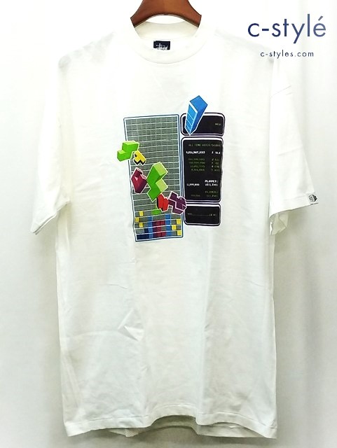 STUSSY ステューシー 90s 中期 Tシャツ 半袖 XL ホワイト 紺タグ テトリス プリント COTTON100％