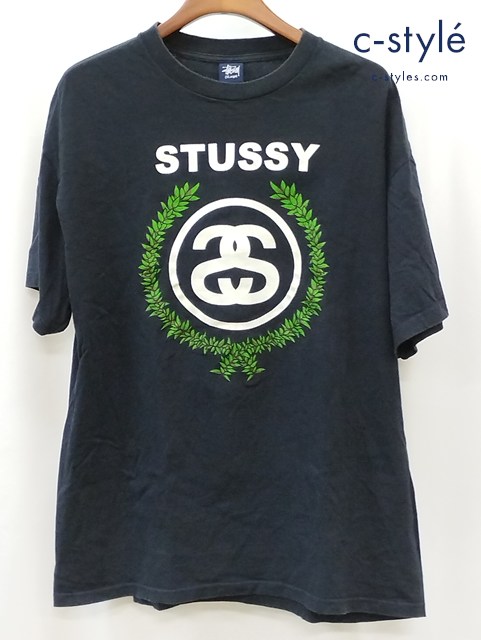 STUSSY ステューシー 90s 中期 Tシャツ 半袖 XL ブラック 紺タグ 月桂樹 プリント COTTON100％