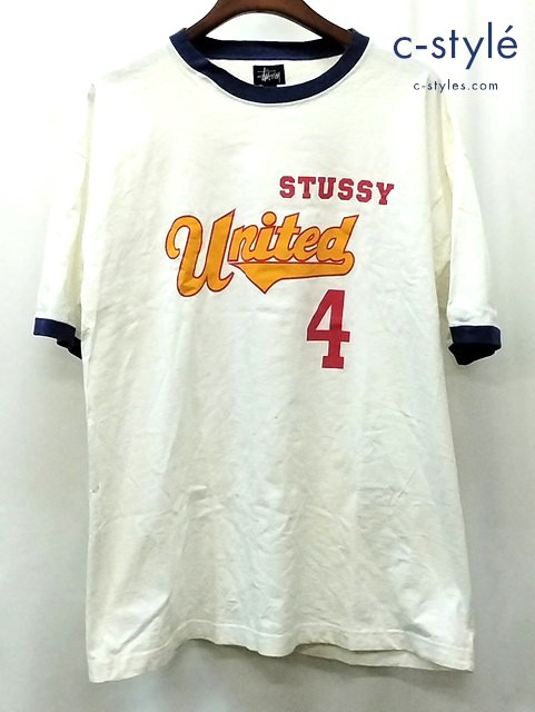 STUSSY ステューシー 90s 中期 リンガーTシャツ 半袖 XL ホワイト 紺タグ 4 ロゴ プリント