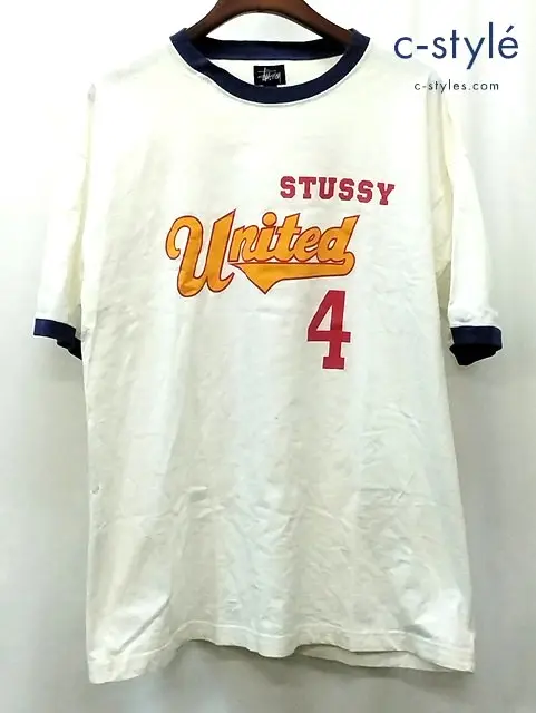 STUSSY ステューシー 90s 中期 リンガーTシャツ 半袖 XL ホワイト 紺タグ 4 ロゴ プリント