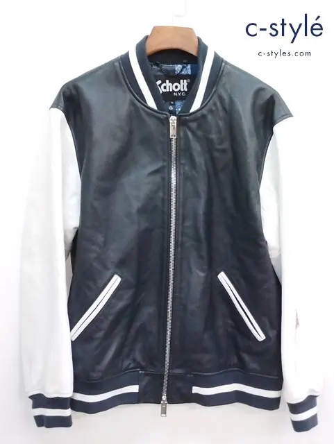 SCHOTT × SOPHNET ショット×ソフネット LEATHER STADIUM JACKET XL ネイビー×ホワイト SOPH-180021